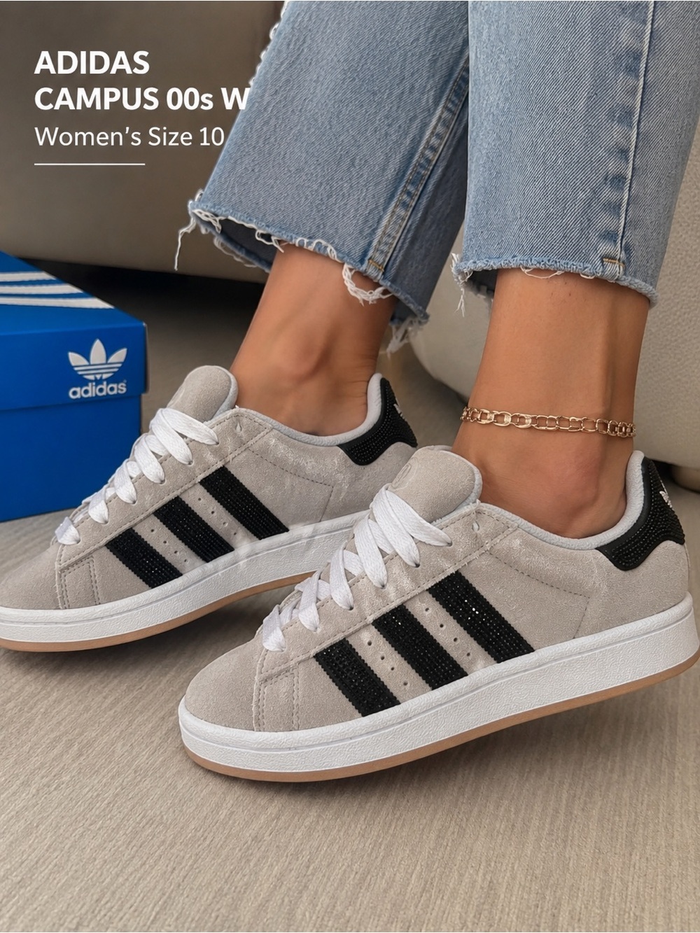 adidas Campus 00s Women’s Rhinestone Sneakers Gray Black Size 10 NWT